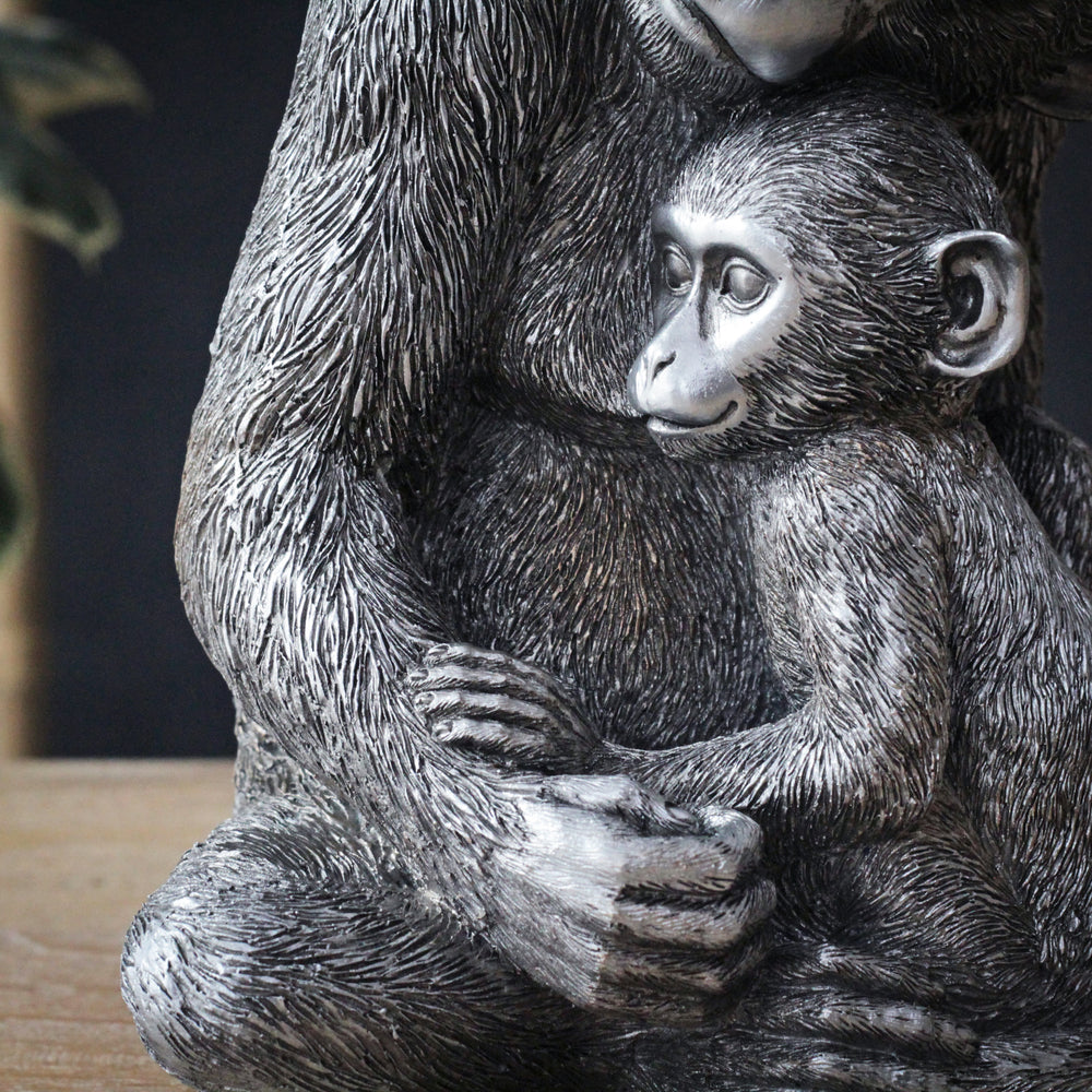 Mother and Baby Monkey Statue in Silver