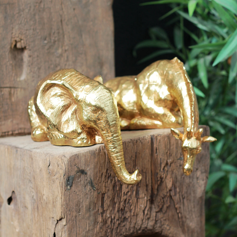 Gold 'Peering Over' Giraffe and Elephant